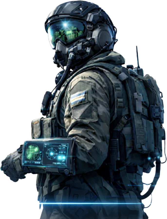 Illustration of a warfighter in flight gear with a wrist-mounted display